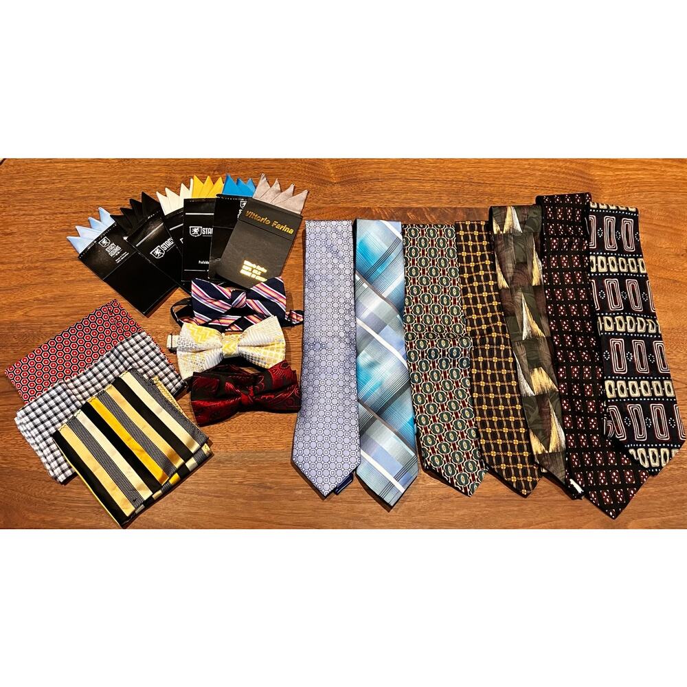 Tie and Pocket Handkerchief Lot: Prefolded, Bow Long, Blue Red Geometric Plaid‎